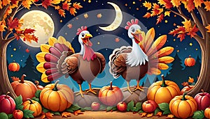 Cartoon character smiling turkey thankful autumn harvest hunting