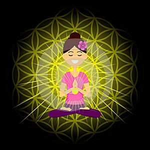 Cartoon character smiling woman is sitting in lotus position with namaste hands. Manipura  chakra activation.