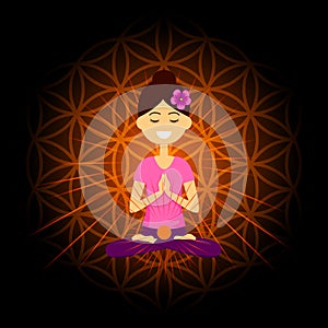 Cartoon character smiling woman is sitting in lotus position with namaste hands. Swadhisthana  chakra activation.