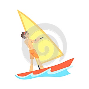 Cartoon character of smiling young man windsurfing