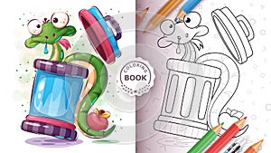 Cartoon character snake in trash - coloring book
