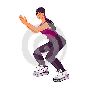 Cartoon character of sportive athletic woman doing squats, flat vector illustration.