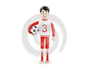 Cartoon character in a sports red uniform. Football or soccer player with a ball isolated on white background. 3d