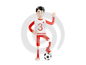 Cartoon character in a sports red uniform. Football or soccer player with a ball isolated on white background. 3d
