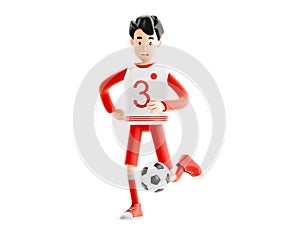 Cartoon character in a sports red uniform. Football or soccer player with a ball isolated on white background. 3d