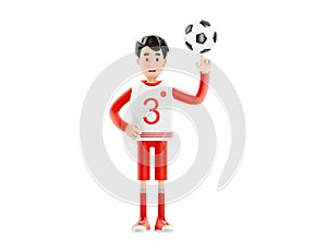 Cartoon character in a sports red uniform. Football or soccer player with a ball isolated on white background. 3d