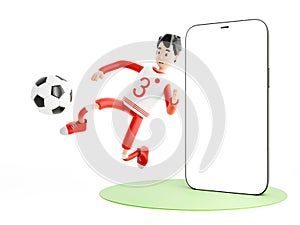 Cartoon character in a sports red uniform. Football or soccer player with a ball and mobile phone. Online sport concept