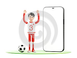 Cartoon character in a sports red uniform. Football or soccer player with a ball and mobile phone. Online sport concept