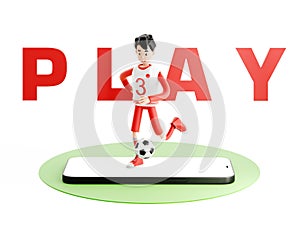 Cartoon character in a sports red uniform. Football or soccer player with a ball and mobile phone. Online sport concept