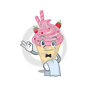 A cartoon character of strawberry ice cream waiter working in the restaurant
