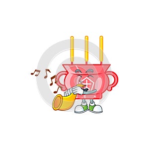 Cartoon character style of chinese red incense performance with trumpet