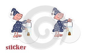 Cartoon character suffering from sleepwalking holds a makeshift lamp in his hand. Vector illustration in the form of a sticker
