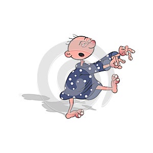 Cartoon character suffering from sleepwalking walks in a dream. Vector illustration on a white background