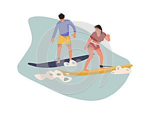 Cartoon character surfing. Vector people beach activities. Summer illustrations surfboard on waves