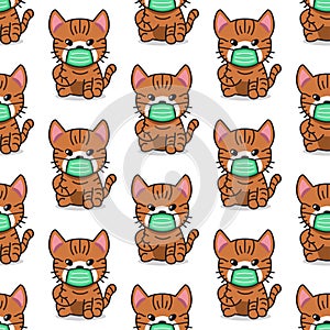 Cartoon character tabby cat wearing protective face mask seamless pattern background