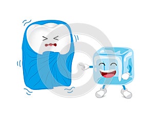 Cartoon character of tooth with blanket and ice.