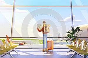 Cartoon character tourist holds world map in hands in airport. 3d illustration.