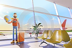 Cartoon character tourist keeps the whole world on the palm in airport. 3d illustration. World travel concept.