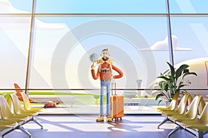 Cartoon character tourist keeps the whole world on the palm in airport. 3d illustration. World travel concept.