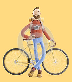 Cartoon character tourist stand with a bicycle. 3d illustration.