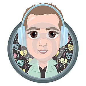 Cartoon character, vector drawing portrait boy in headphones listening to music, smile icon, sticker. Guy big brown eyes in round