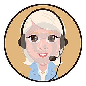 Cartoon character, vector drawing portrait girl call center operator, icon, sticker. Woman blonde with big eyes with a headset, he