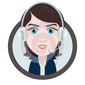 Cartoon character, vector drawing portrait girl call center operator, icon, sticker. Woman brunette with big eyes with a headset,