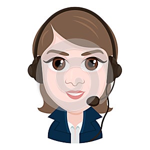 Cartoon character, vector drawing portrait girl call center operator, smile emotion, icon, sticker. Woman with big brown eyes with