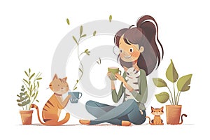 cartoon character vector illustration with cartoon mom, baby and cat Generative AI