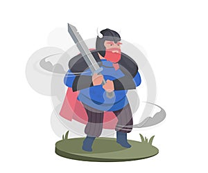 Cartoon Character: Viking warrior .Warrior in a helmet and in armor with a sword, flat design. Vector flat Illustration