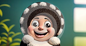 A cartoon character wearing a furry hat and a big smile on its face.