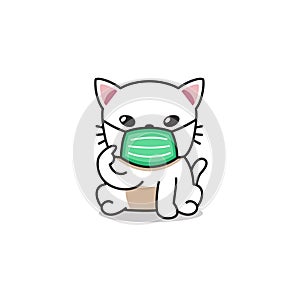 Cartoon character white cat wearing protective face mask