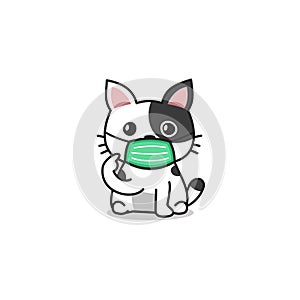 Cartoon character white cute cat wearing protective face mask