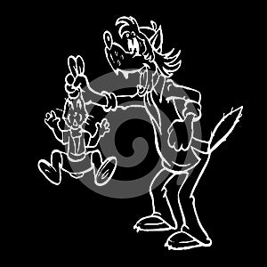 Cartoon Character, Wolf caught a hare, white on a black background,