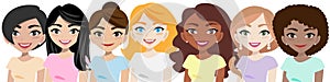 Cartoon character woman, different female faces isolated in cartoon style Cute lady character creation set vector