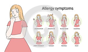 Cartoon character woman infographics with allergy symptoms. Symptoms of disease. Lacrimation, headache, nausea, vomiting, rash photo