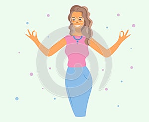 Cartoon character of a woman smiling and making a good gesture. Flat vector design. Happy successful girl raises her