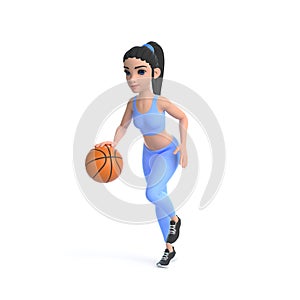 Cartoon character woman in sportswear playing basketball isolated on white background