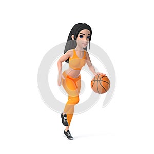 Cartoon character woman in sportswear playing basketball isolated on white background