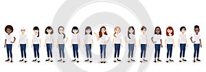 Cartoon character with the women team in T-shirt white and blue jean casual. Happy International women`s day flat vector