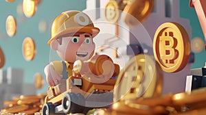 Cartoon character worker moving alot of bitcoins