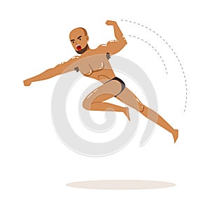 Cartoon character of wrestler in flying jump kick action