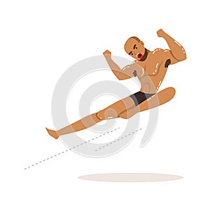 Cartoon character of wrestler in flying kick action