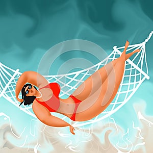 Cartoon character of a young beautiful woman in a bikini sunbathing in a hammock on the seashore