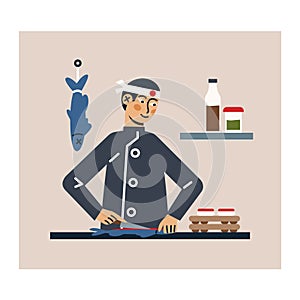 Cartoon character of young man in uniform making sushi