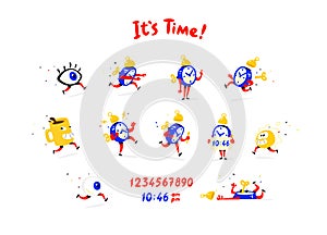 Cartoon characters alarm clock. Vector. Set of emotions and alarm clocks. The life of the clock. Logo for company, print and