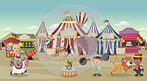 Cartoon characters and animals in front of retro circus