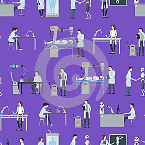 Cartoon Characters Artificial Intelligence Scientists Seamless Pattern Background . Vector