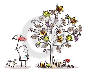 Cartoon Characters and Autumn Tree