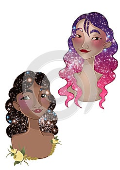 Cartoon characters without background, portraits of two pretty girls with big eyes and a starry cosmic hair